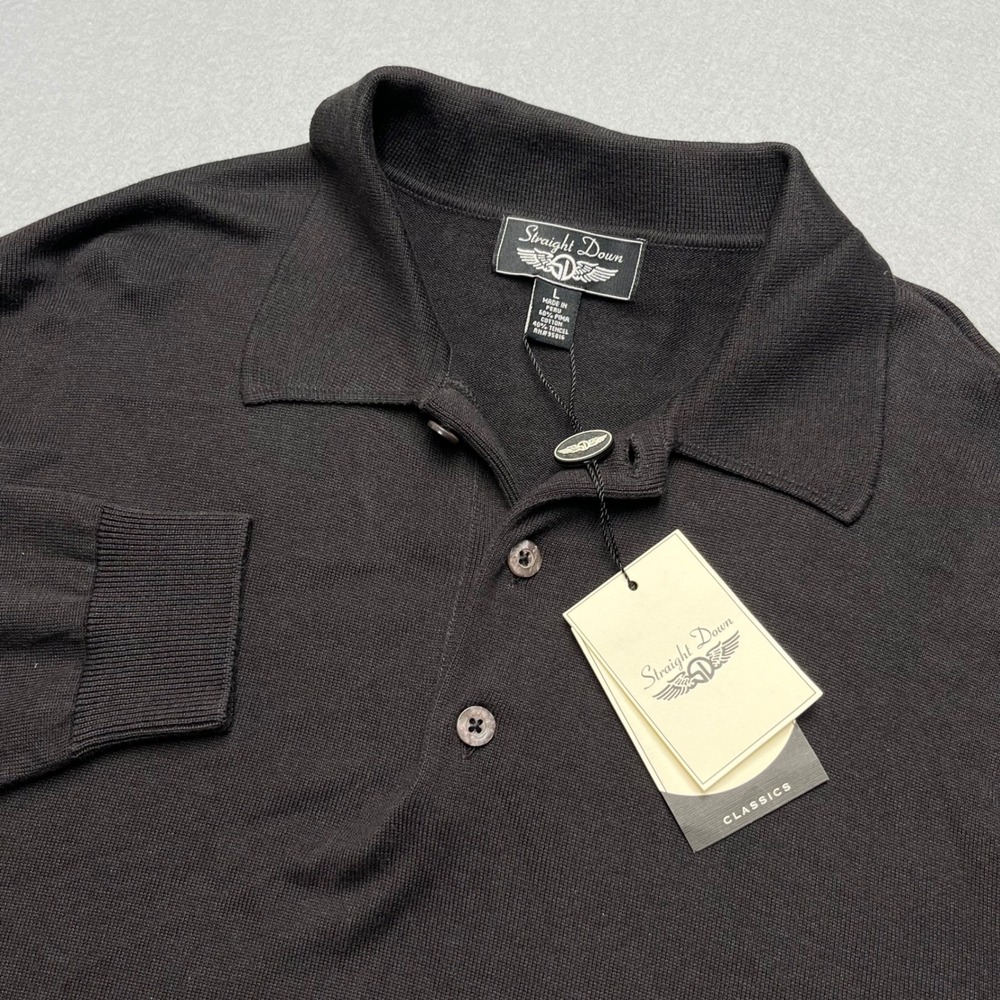 New Straight Down Men Black Pima Cotton Tencel Long Sleeve Polo Sweater Hunter L
